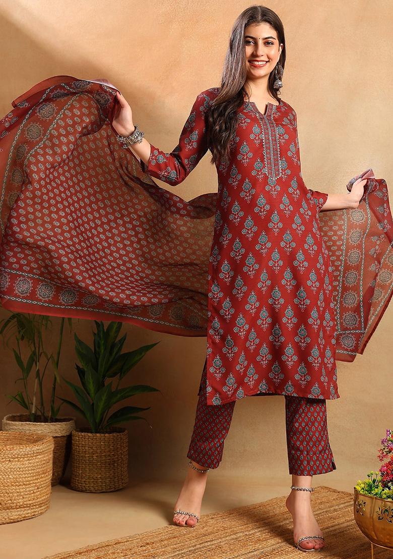 Brown Printed Cotton Blend Kurta Set