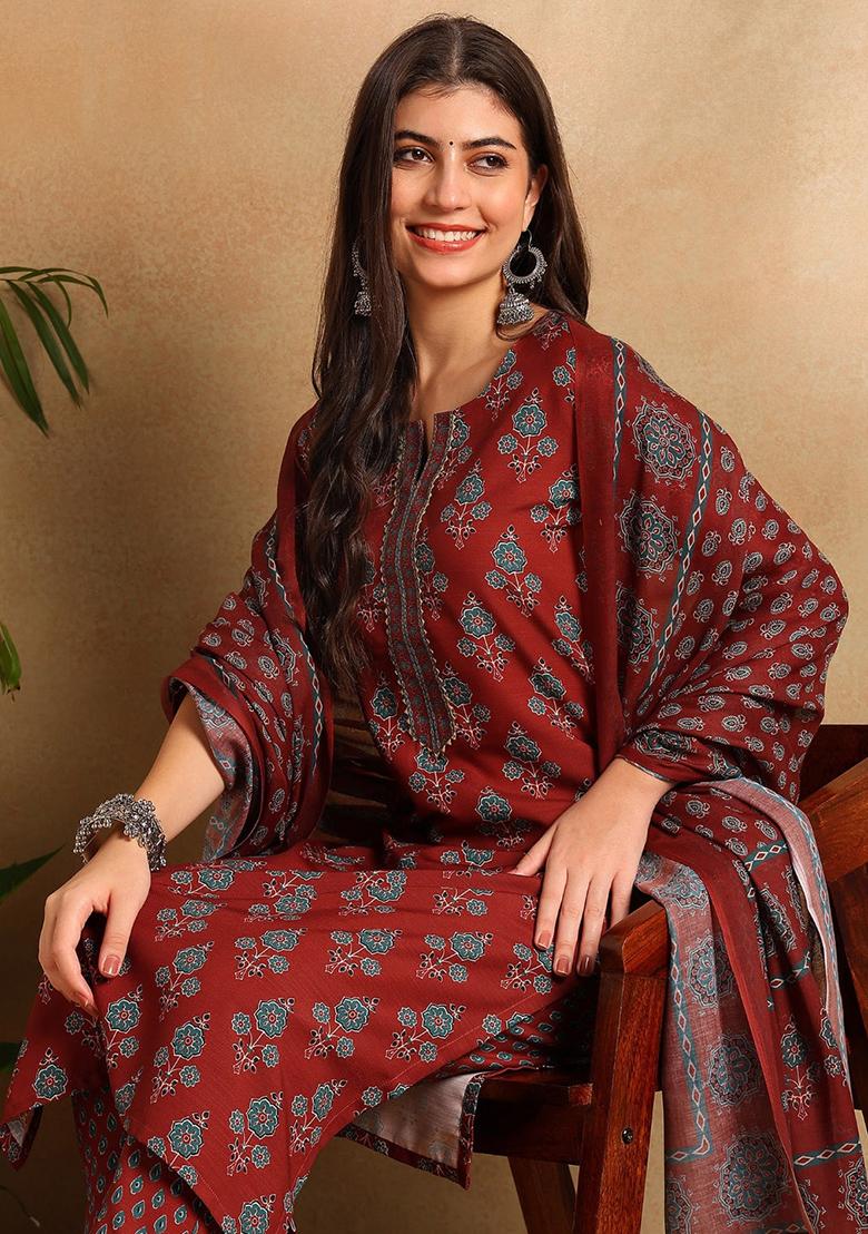 Brown Printed Cotton Blend Kurta Set