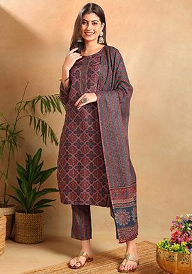 Blue Printed Cotton Blend Kurta Set