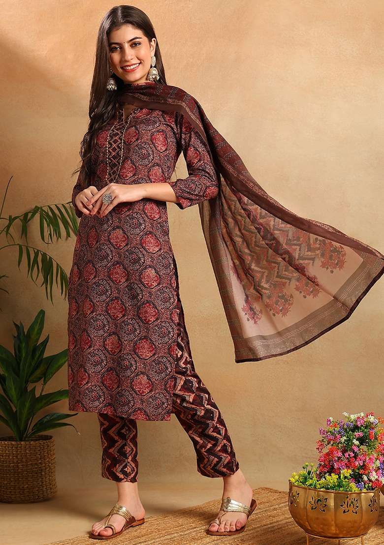 Multicolor Printed Blended Straight Kurta Set - Indya