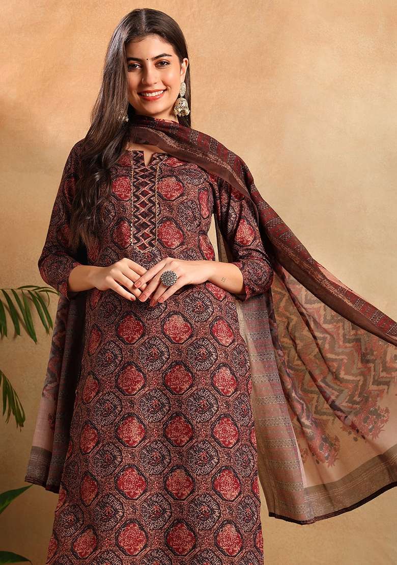 Multicolor Printed Blended Straight Kurta Set - Indya