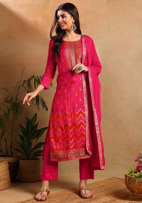 Pink Woven Pure Silk Kurta Set
