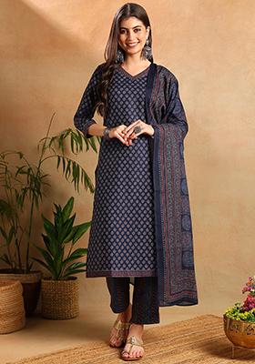 Navy Blue Printed Cotton Blend Kurta Set