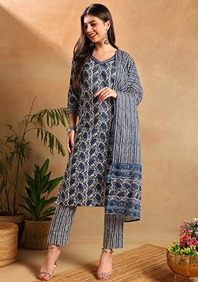 Blue Printed Cotton Blend Kurta Set