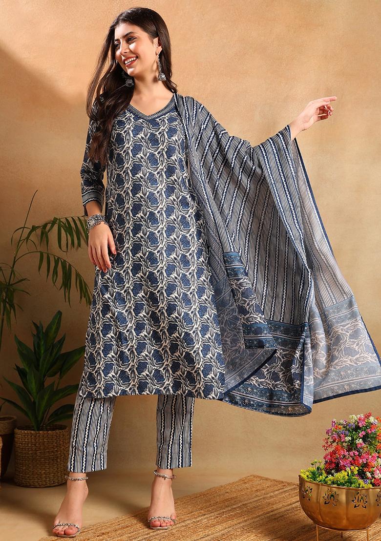 Blue Printed Cotton Blend Kurta Set