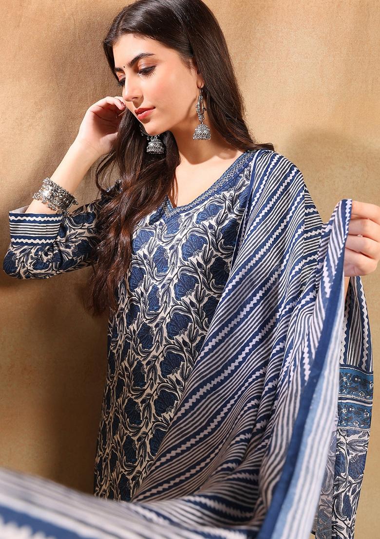 Blue Printed Cotton Blend Kurta Set