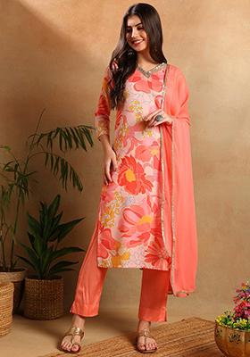 Peach Printed Cotton Blend Kurta Set