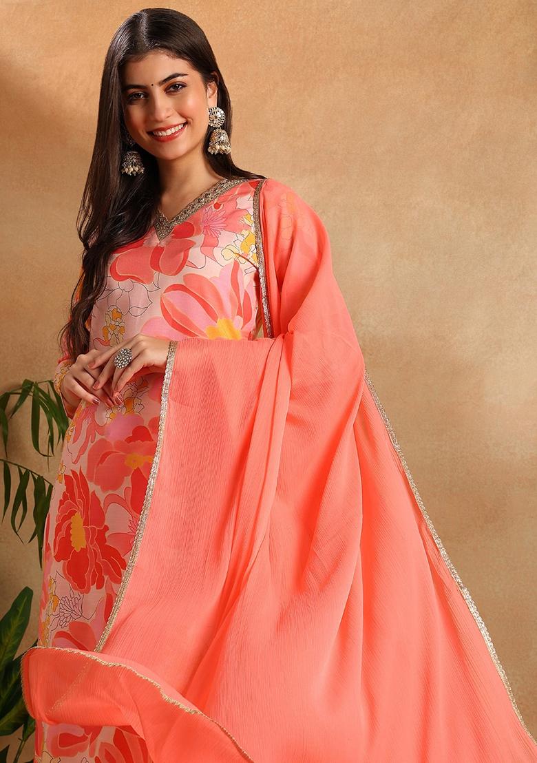 Peach Printed Cotton Blend Kurta Set