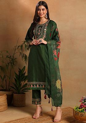 Green Embroidered Silk Blend Kurta Set