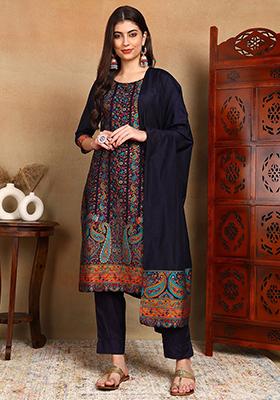 Navy Blue Woven Silk Blend Kurta Set