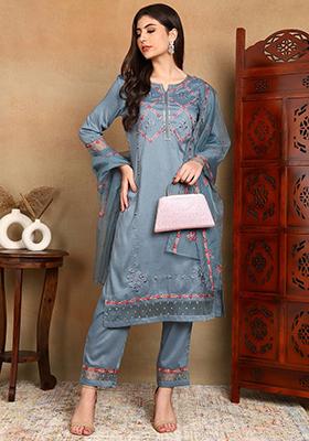 Blue Embroidered Silk Blend Kurta Set