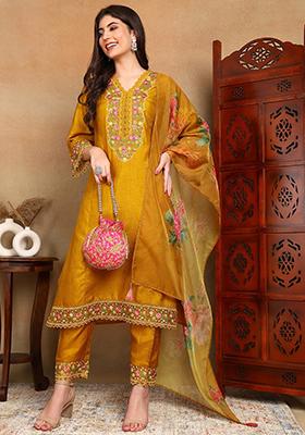 Mustard Embroidered Silk Blend Kurta Set