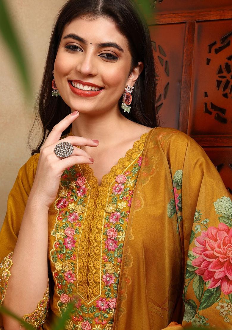 Mustard Embroidered Silk Blend Kurta Set