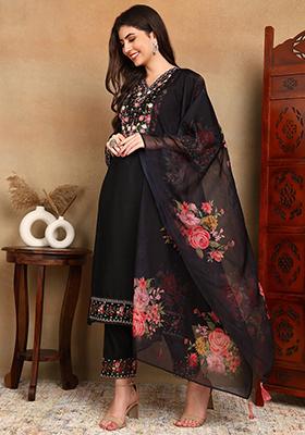 Black Embroidered Silk Blend Kurta Set