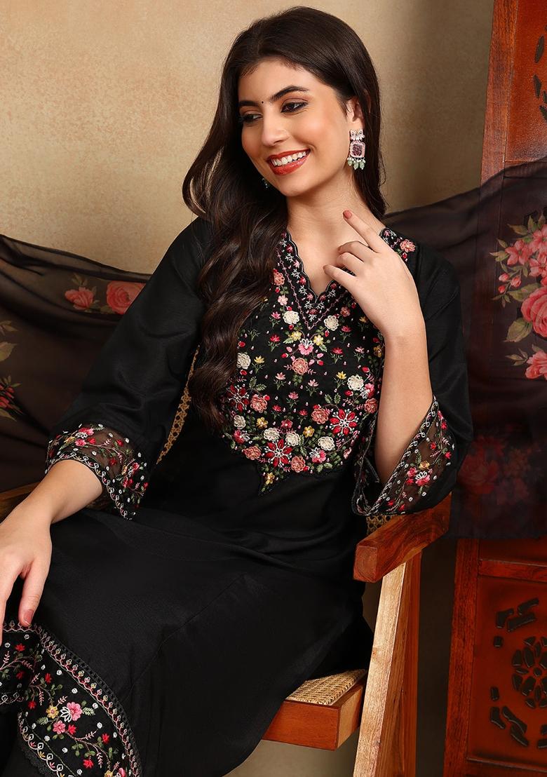 Black Embroidered Silk Blend Kurta Set