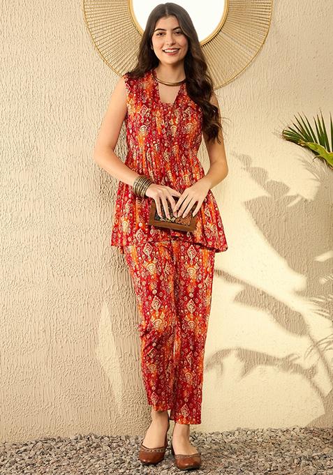 Orange Printed Rayon Blend Co-Ord Set