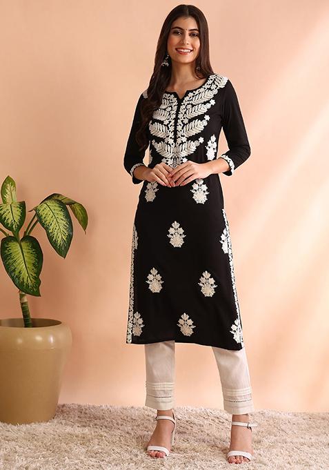 Black Embroidered Viscose Rayon Kurta