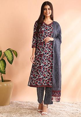 Grey Printed Rayon Blend Kurta Set