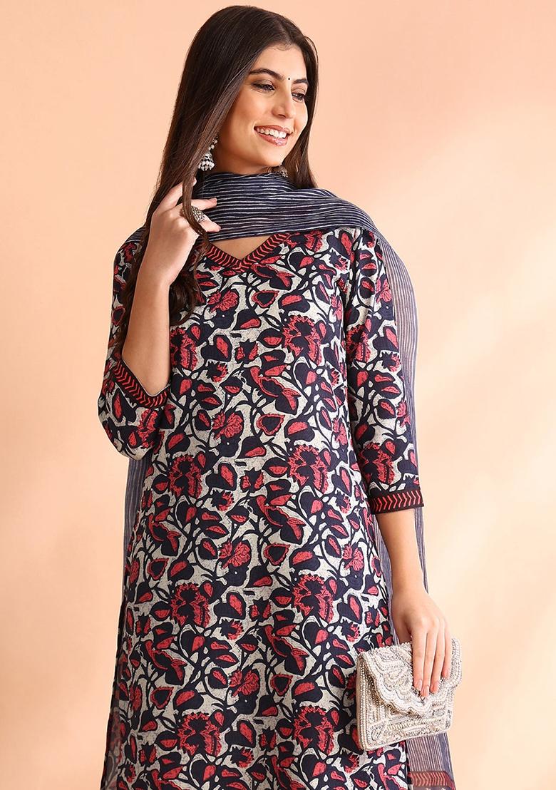 Grey Printed Rayon Blend Kurta Set