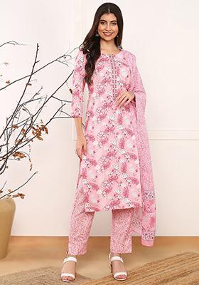 Pink Printed Poly Rayon Kurta Set