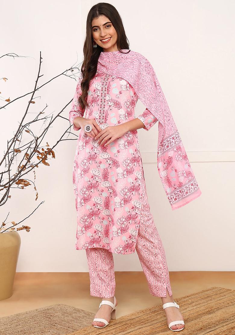 Pink Printed Poly Rayon Kurta Set