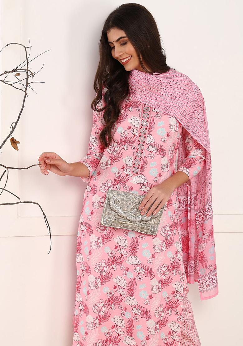 Pink Printed Poly Rayon Kurta Set