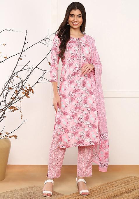 Pink Printed Poly Rayon Kurta Set