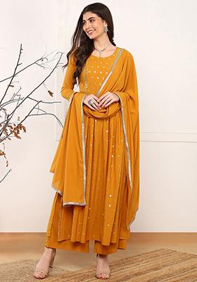 Mustard Embroidered Georgette Kurta Set