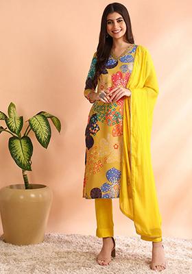 Yellow Printed Cotton Blend Kurta Set