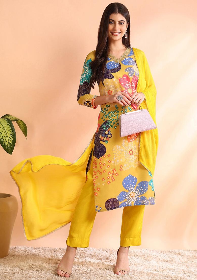 Yellow Printed Cotton Blend Kurta Set