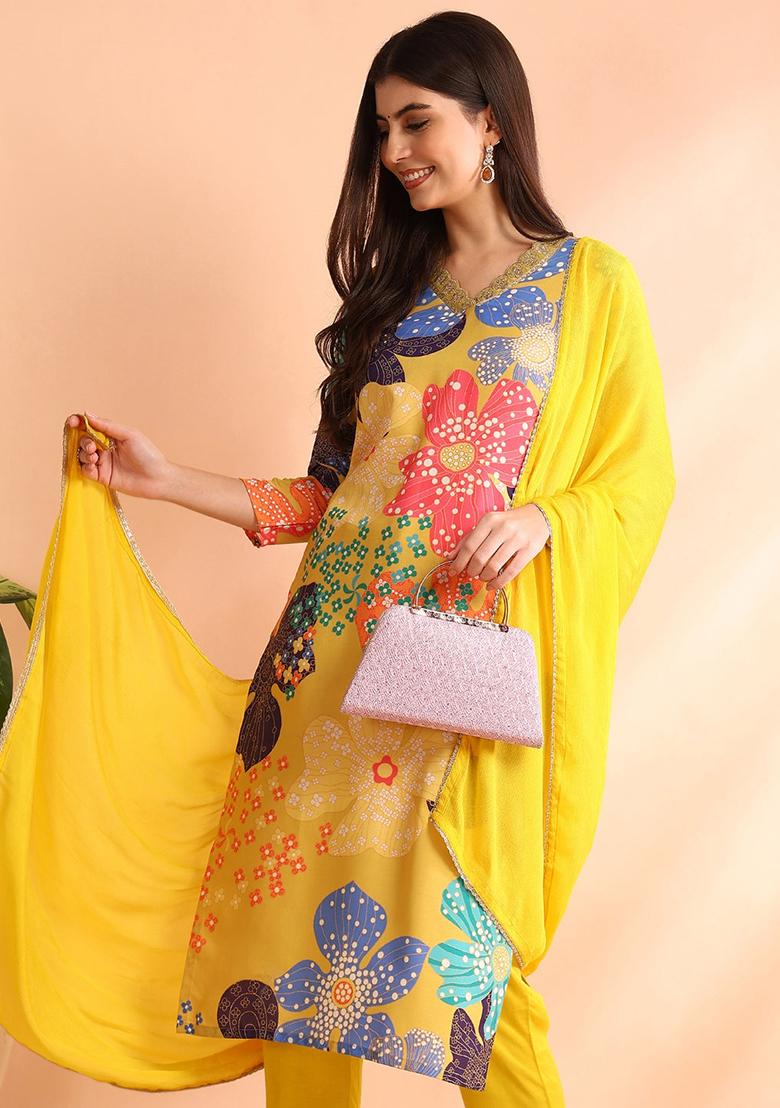 Yellow Printed Cotton Blend Kurta Set
