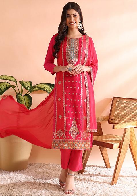 Pink Woven Organza Kurta Set