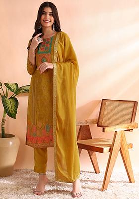 Mustard Woven Silk Blend Kurta Set