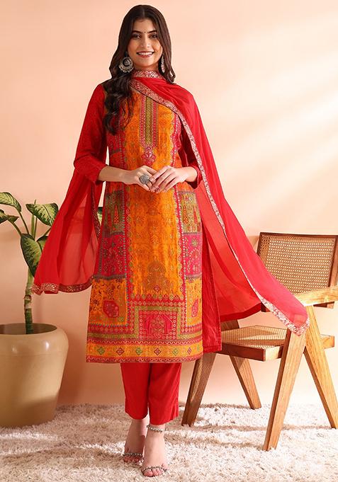 Red Woven Chanderi Silk Kurta Set