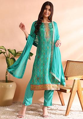 Sea Green Woven Silk Blend Kurta Set