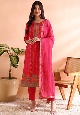 Pink Woven Chanderi Silk Kurta Set