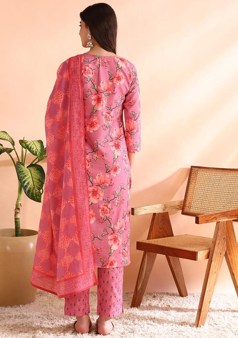 Pink Printed Poly Rayon Kurta Set