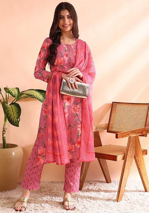 Pink Printed Poly Rayon Kurta Set
