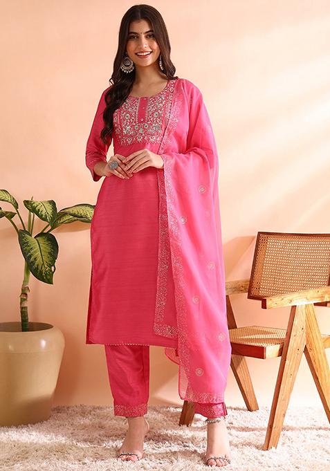 Pink Embroidered Silk Blend Kurta Set