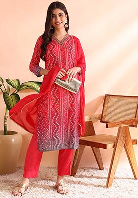 Red Printed Silk Blend Kurta Set