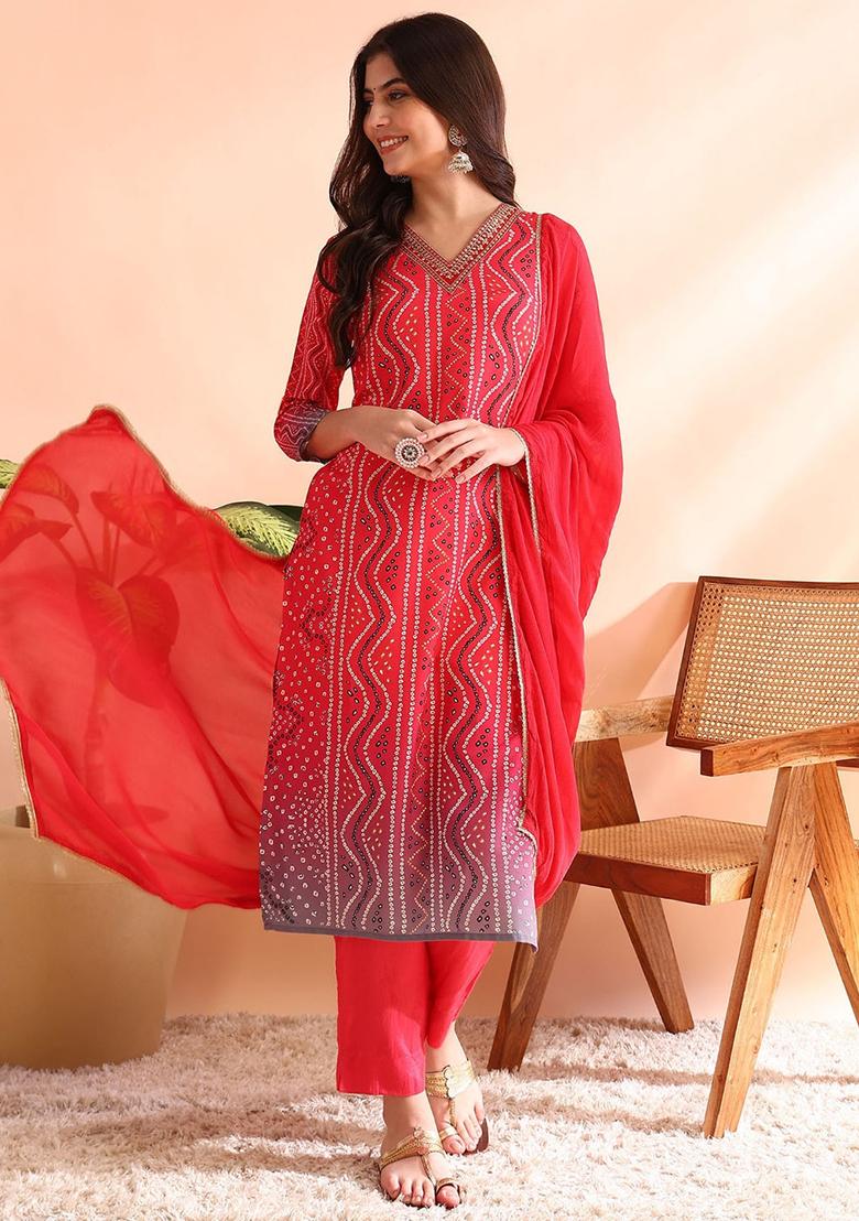 Red Printed Silk Blend Kurta Set