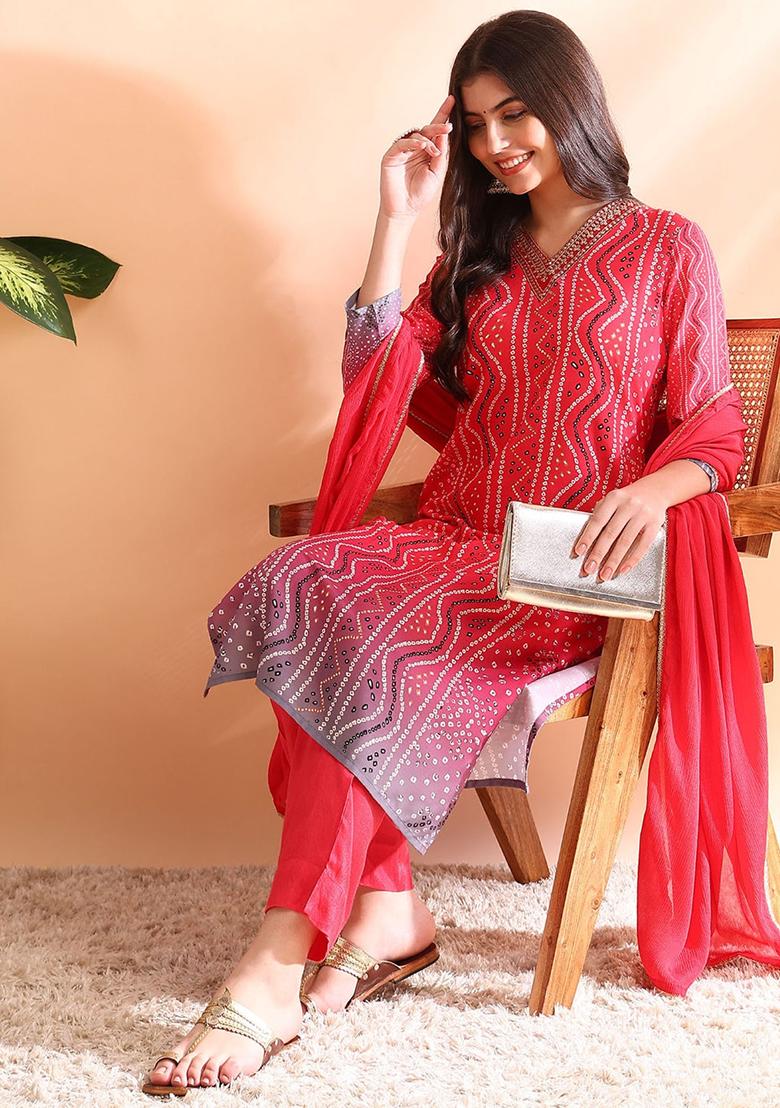 Red Printed Silk Blend Kurta Set