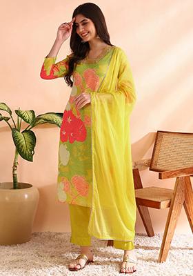 Yellow Printed Rayon Blend Kurta Set