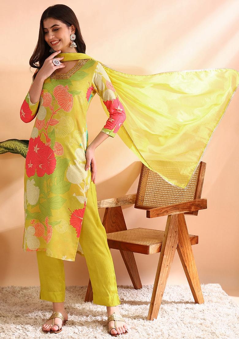 Yellow Printed Rayon Blend Kurta Set