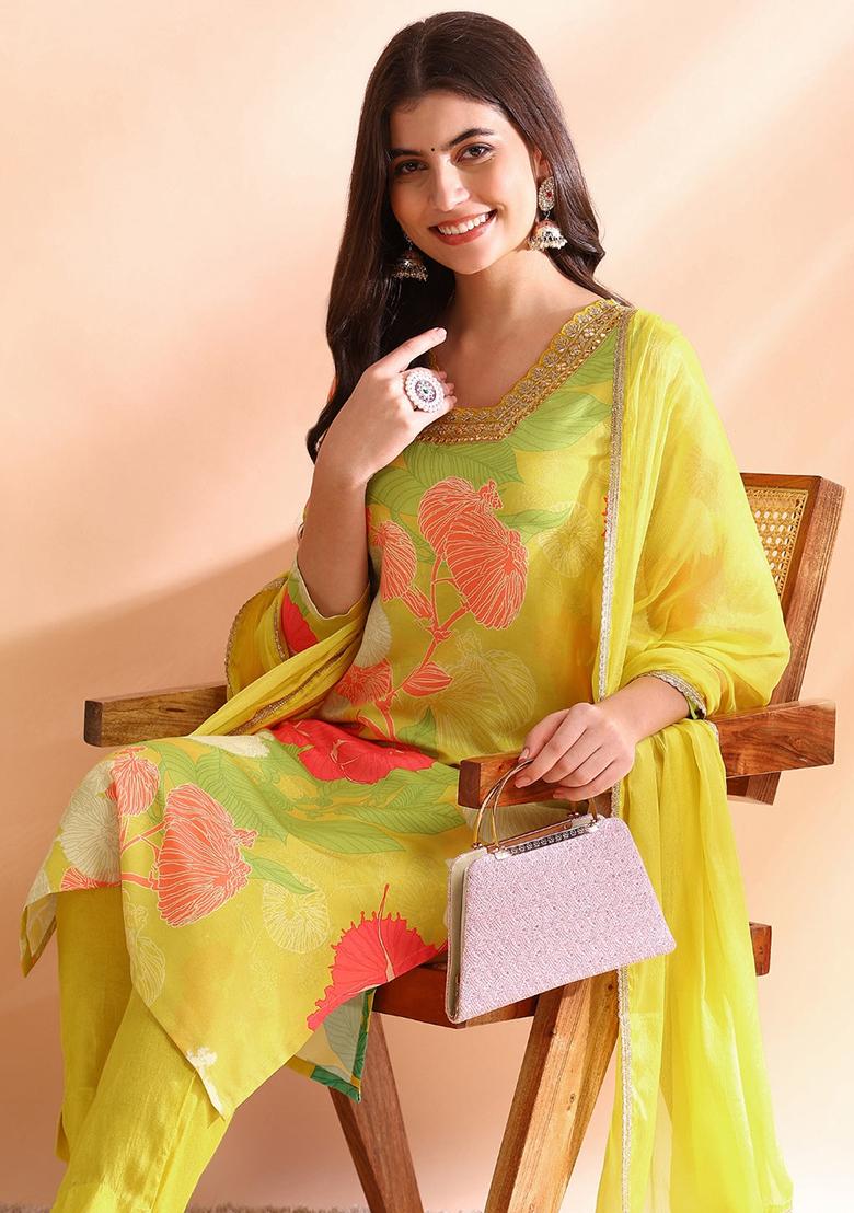 Yellow Printed Rayon Blend Kurta Set
