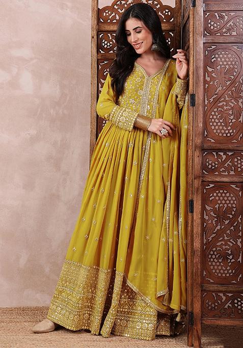 Mustard Embroidered Georgette Kurta Set