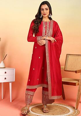 Red Embroidered Silk Blend Kurta Set