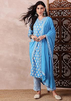 Blue Printed Rayon Blend Kurta Set