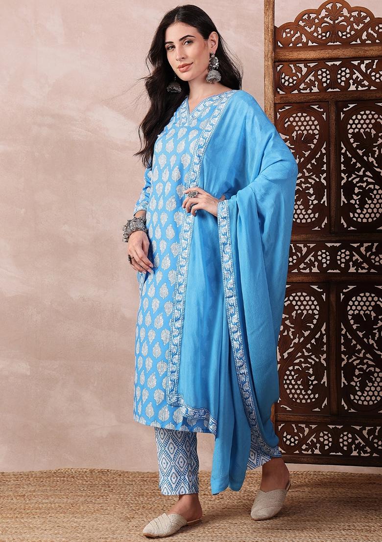 Blue Printed Rayon Blend Kurta Set