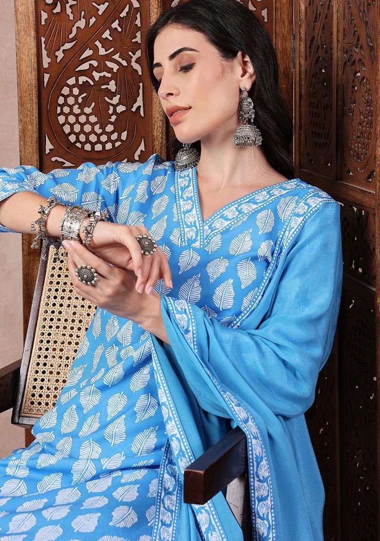 Blue Printed Rayon Blend Kurta Set